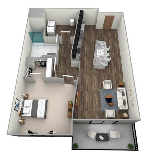 A 3D floor plan of a house with a living room, kitchen, and two bedrooms.