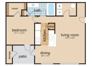Floor Plan  A floor plan of a house with a bedroom, living room, kitchen, dining area, patio, and bathroom.