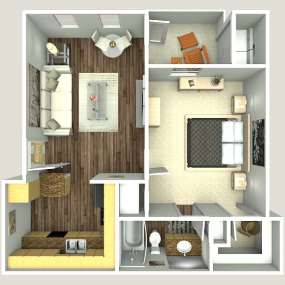 A series of images showing different views of a small, modern apartment.