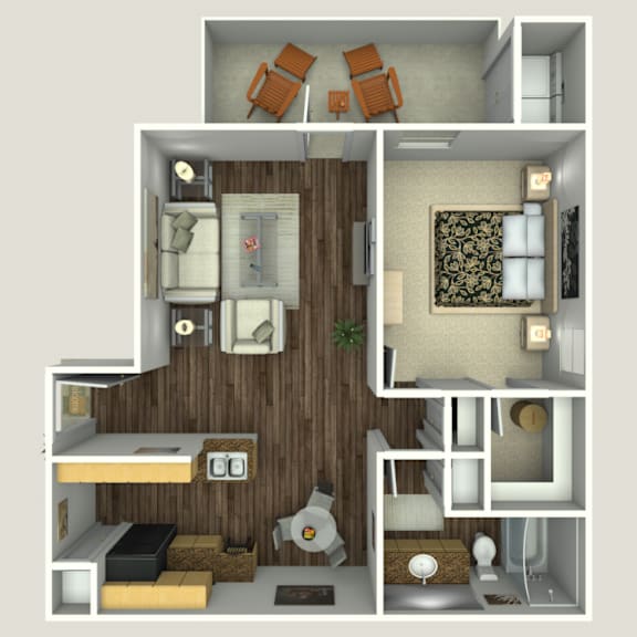A 3D floor plan of a small apartment with a kitchen, living room, and bathroom.