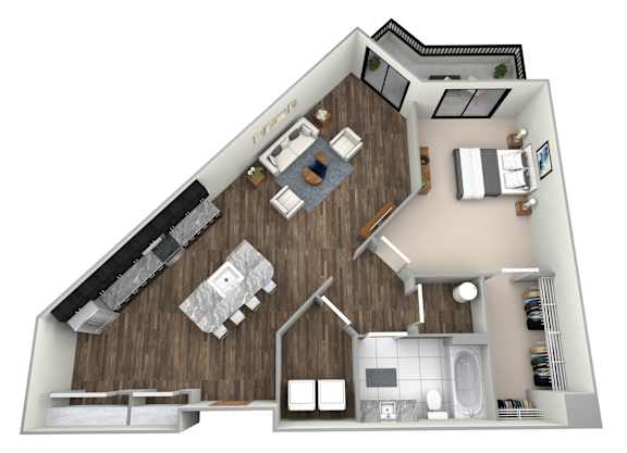 A 3D floor plan of a house showing a kitchen, living room, and bathroom.