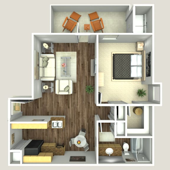 A 3D floor plan of a small apartment with a kitchen, living room, and bedroom.