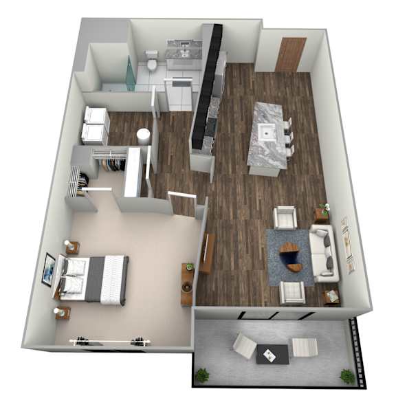 A 3D floor plan of a small apartment with a kitchen, living room, and bedroom.