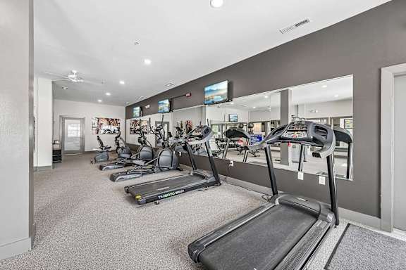 A gym with treadmills and exercise equipment.