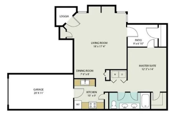 A floor plan of a house with a living room, dining room, kitchen, and garage.