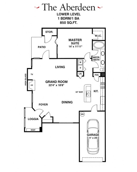 A floor plan for a 1 bedroom apartment with a garage
