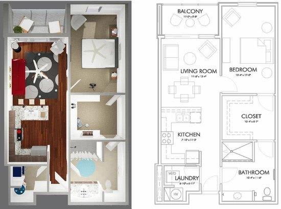 A1D Floor Plan at 20 Midtown, Alabama, 35233