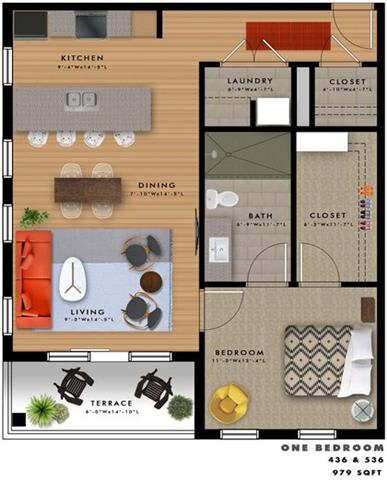 1 bedroom 1 bathroom floor plan K at 20 Midtown, Birmingham, Alabama