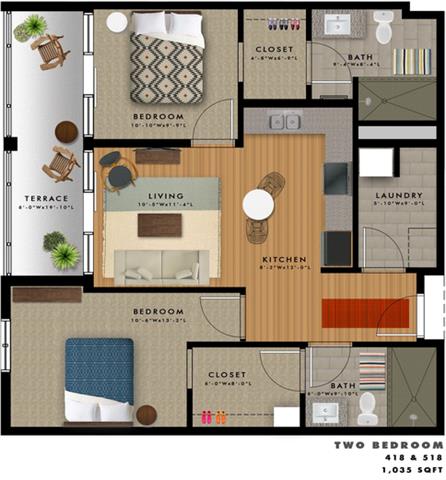 2 bedroom 2 bathroom Floor plan C at 20 Midtown, Alabama