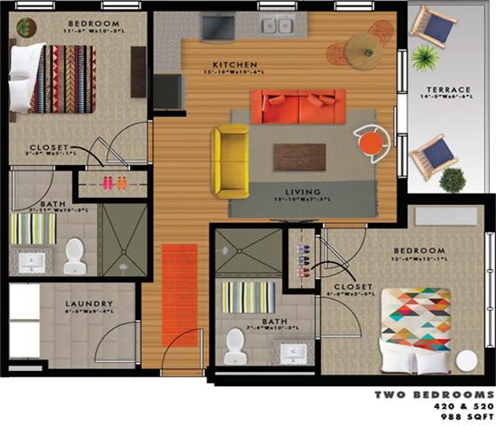 2 bedroom 2 bathroom Floor plan L at 20 Midtown, Birmingham, AL, 35233
