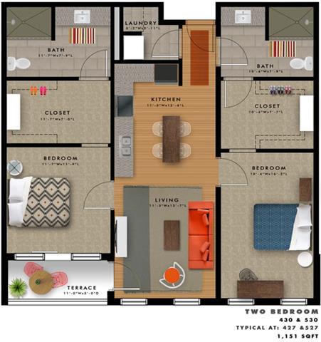 2 bedroom 2 bathroom Floor plan M at 20 Midtown, Birmingham, AL