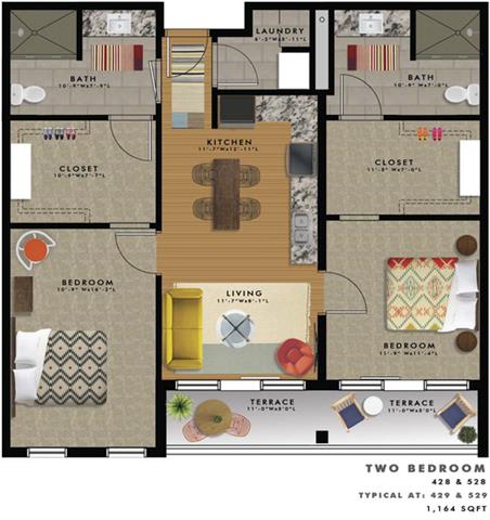 2 bedroom 2 bathroom Floor plan N at 20 Midtown, Birmingham, 35233