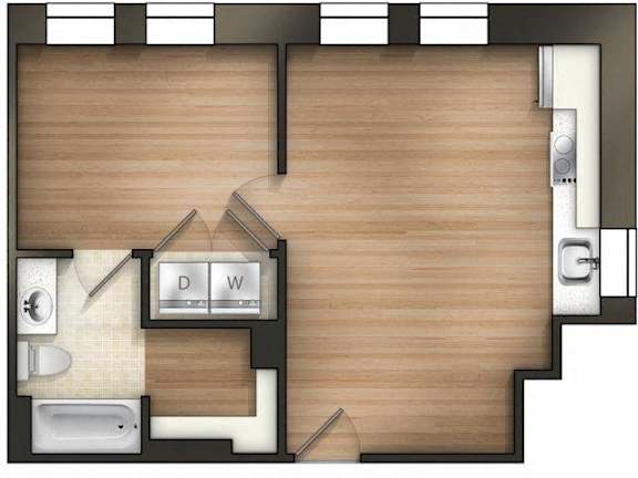 1 bedroom 1 bathroom C Heritage Floor Plan at The Tower Apartments, Tuscaloosa, AL