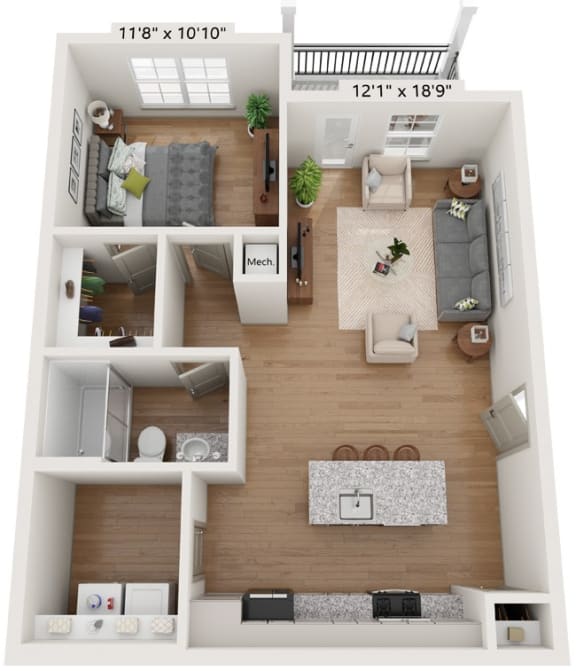 Classic apartment floor plan with private balcony/patio.