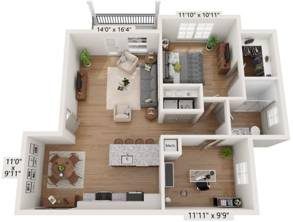 Classic apartment floor plan with private balcony/patio.