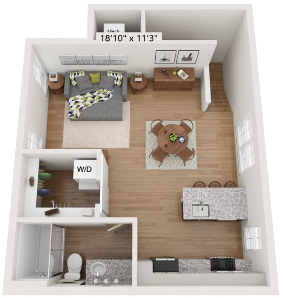 Classic apartment-style floor plan with private entry