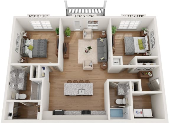Classic apartment floor plan with private balcony/patio