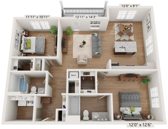 Classic apartment floor plan with private balcony/patio
