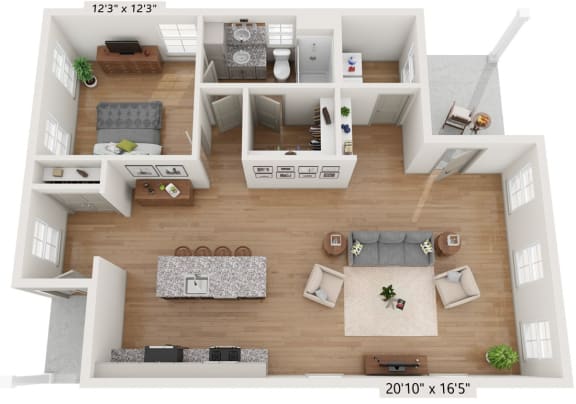 Cottage-style 1BRx1BA Floor Plan with yard