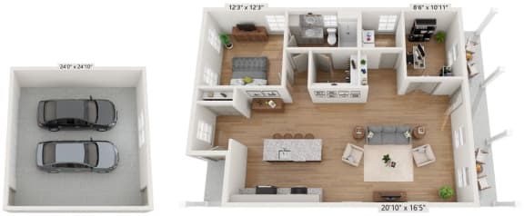 Cottage-style home with 2-car garage, covered porch, and yard. This floor plan also offers a versatile flex space.