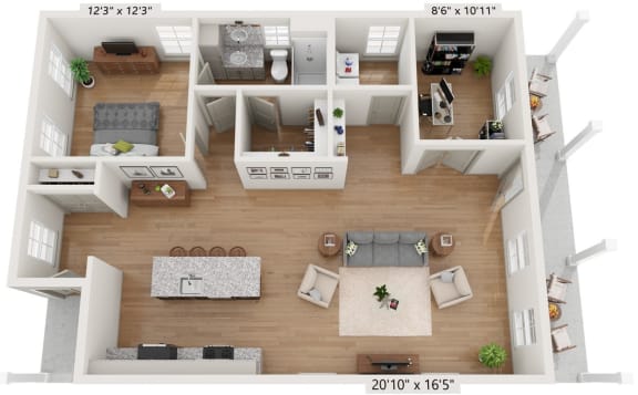 Cottage-style (1BR/1BA/Flex Space) home with covered porch, yard