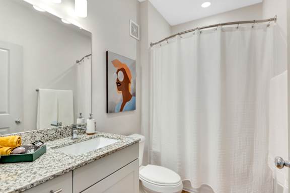 a bathroom with a shower and a sink and a toilet  at Anthem Luxury Homes and Apartment Rentals in Huntsville, AL