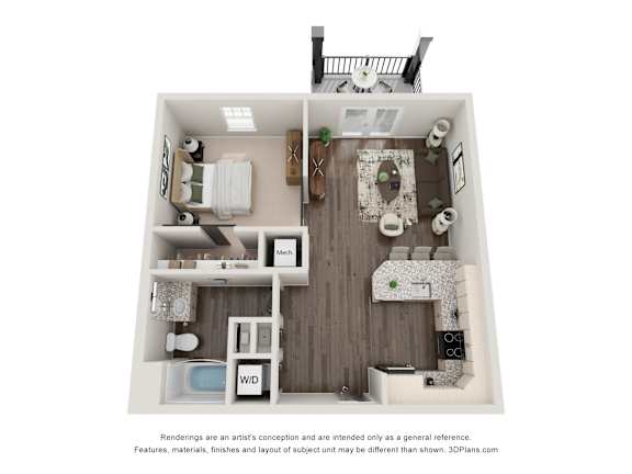 A 3D floor plan of a small apartment with a kitchen, living room, and bathroom.