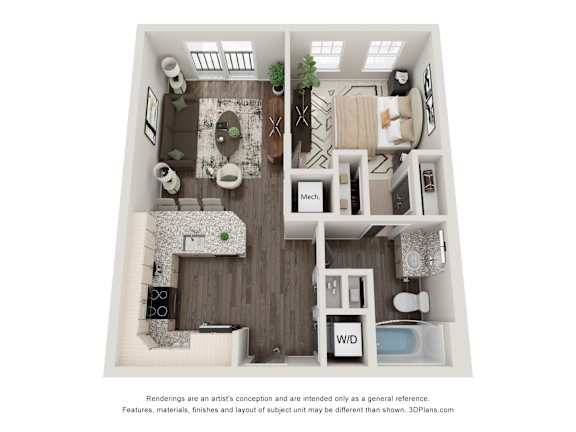 A 3D floor plan of a small apartment with a living room, kitchen, and bathroom.