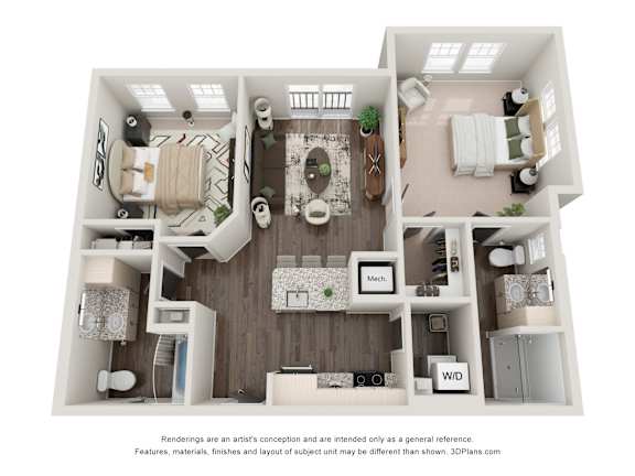 A 3D floor plan of a house with a kitchen, living room, and bathroom.