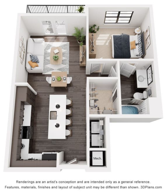 1 bedroom floor plan at Artisan Flats in Birmingham, AL