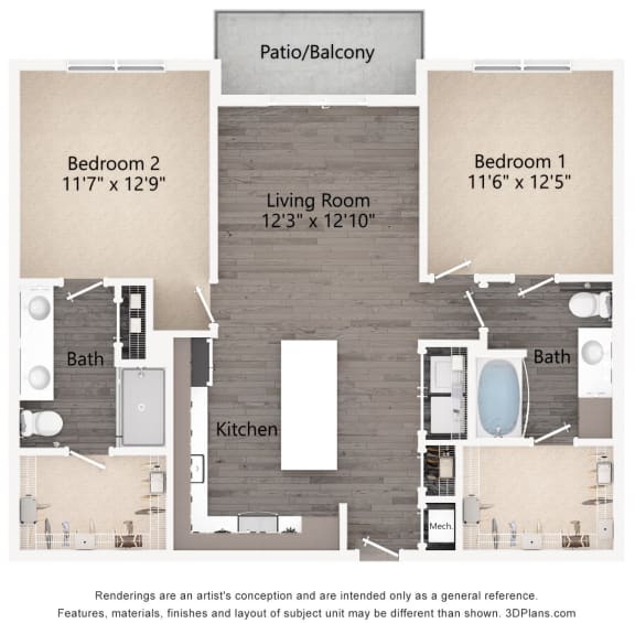 2 bedroom floor plan at Artisan Flats in Birmingham, AL