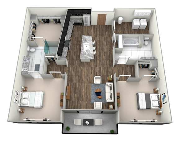 A 3D floor plan of a house with a kitchen, living room, dining room, and bedrooms.