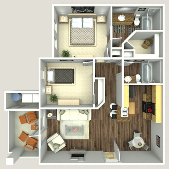 Floor Plan  A 3D floor plan of a house with a living room, kitchen, and bedrooms.