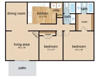 A floor plan of a house with a dining room, kitchen, living area, two bedrooms, a utility room, and a patio.