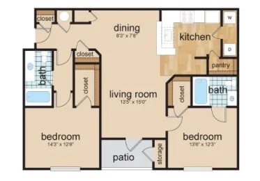 Floor Plan  A floor plan of a house with a living room, dining area, kitchen, two bedrooms, a bathroom, and a pantry.