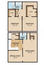 A floor plan of a two bedroom apartment with a living area and a dining room.