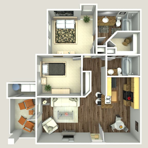 Floor Plan  A 3D floor plan of a house with multiple rooms.