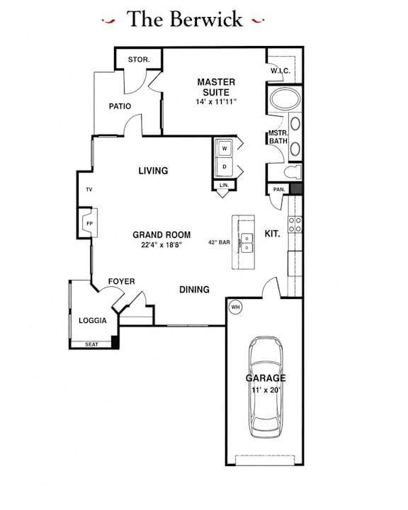 A floor plan for a 1 bedroom apartment with a garage