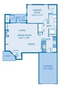 A blueprint of a house layout with a Master Suite, Grand Room, Kitchen, Dining area, and Garage.