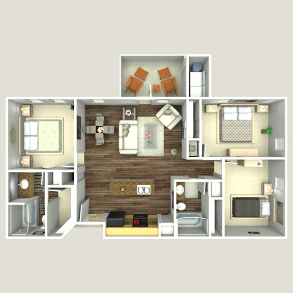 A 3D rendered image of a small apartment layout.