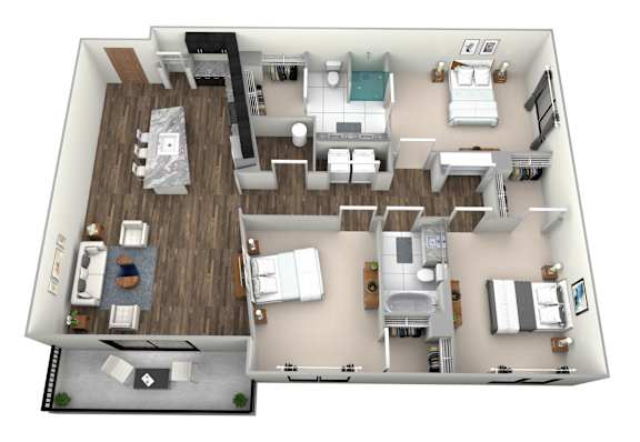 A 3D floor plan of a house with a kitchen, living room, dining room, and bedrooms.