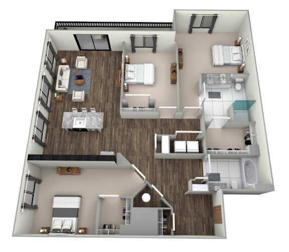 A 3D floor plan of a house with a kitchen, living room, and bedrooms.