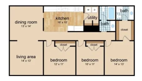 A floor plan of a house with a dining room, kitchen, living area, and three bedrooms.