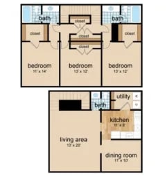 A floor plan of a house with three bedrooms, a living area, a dining room, a kitchen, and two bathrooms.
