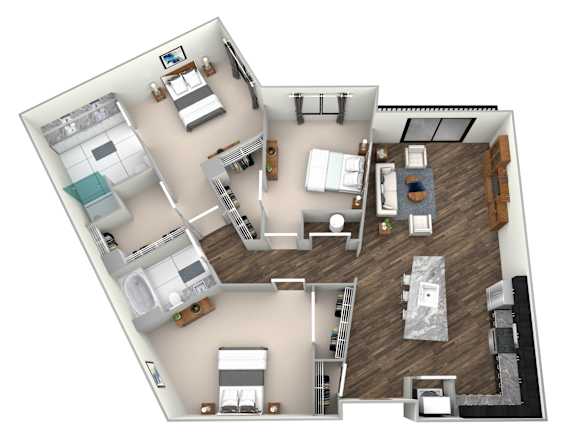 Floor Plan  A 3D floor plan of a house with multiple rooms and furniture.