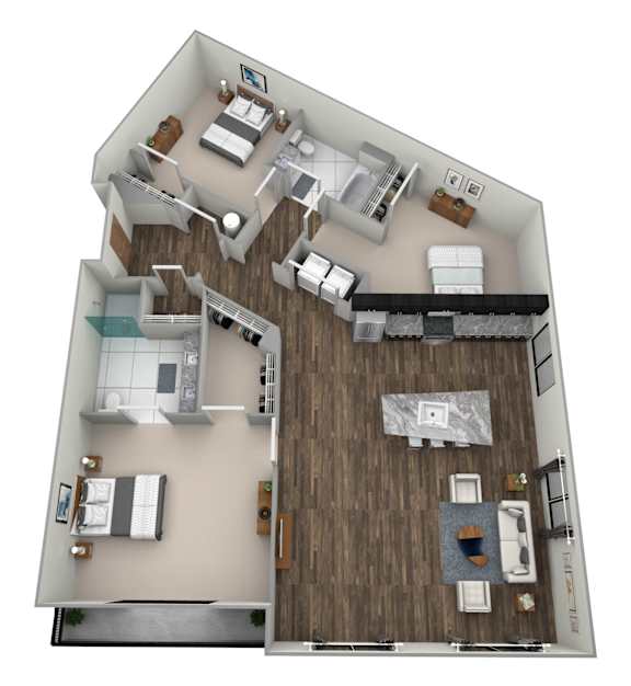 A 3D rendered image of a modern apartment layout.
