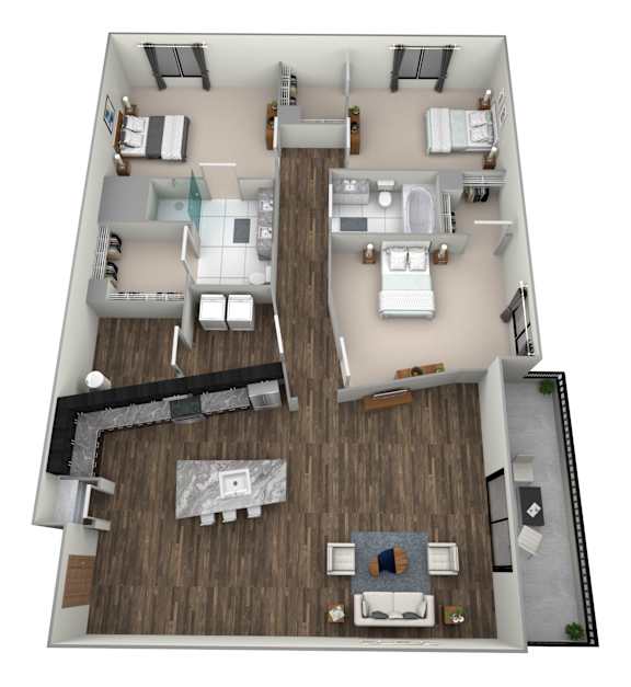 Floor Plan  A 3D floor plan of a house with a kitchen, living room, and two bedrooms.