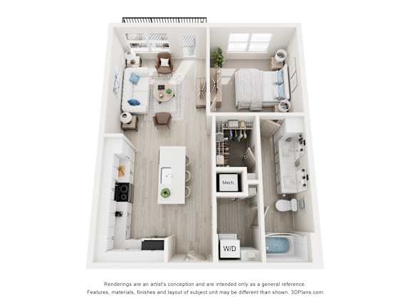 3-D Floor Plan of a one-bedroom, one-bathroom apartment at Cavala Apartments in Orange Beach, AL