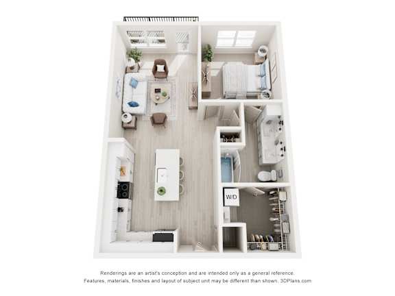 3-D Floor Plan of a one-bedroom, one-bathroom apartment at Cavala Apartments in Orange Beach, AL