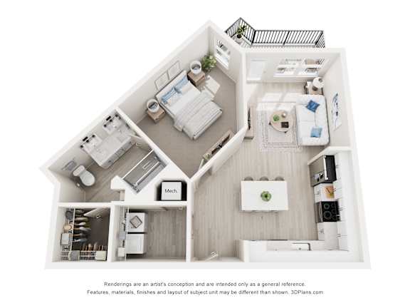 3-D Floor Plan of a one-bedroom, one-bathroom apartment at Cavala Apartments in Orange Beach, AL